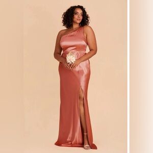 Birdy Grey Satin Dress Size Small Asymmetrical Shoulder Terracotta